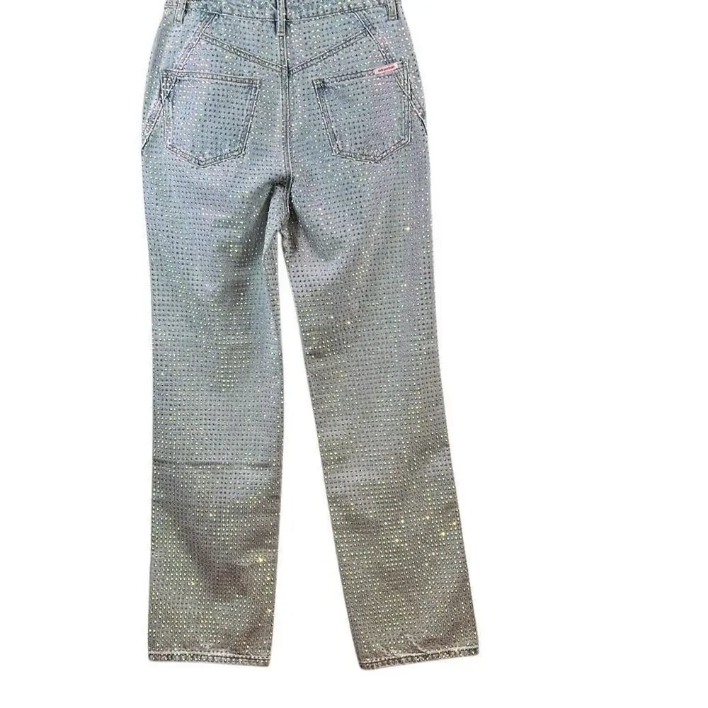 NWT Self-Portrait Blue Rhinestone Embellished High-Waisted Denim Jeans W27 L32